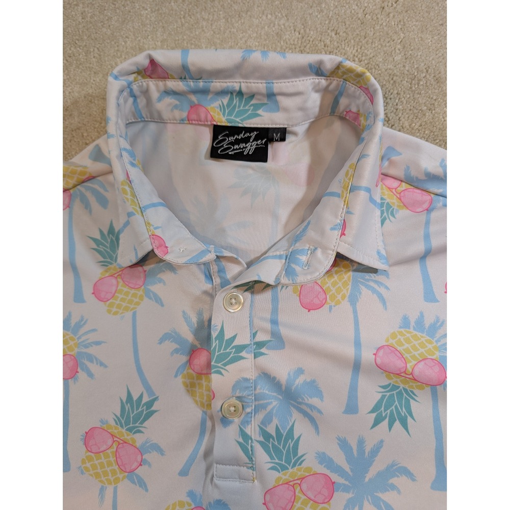 Sunday Swagger Mens Golf Polo Shirt Medium Tropical Pineapple Palm Tree White